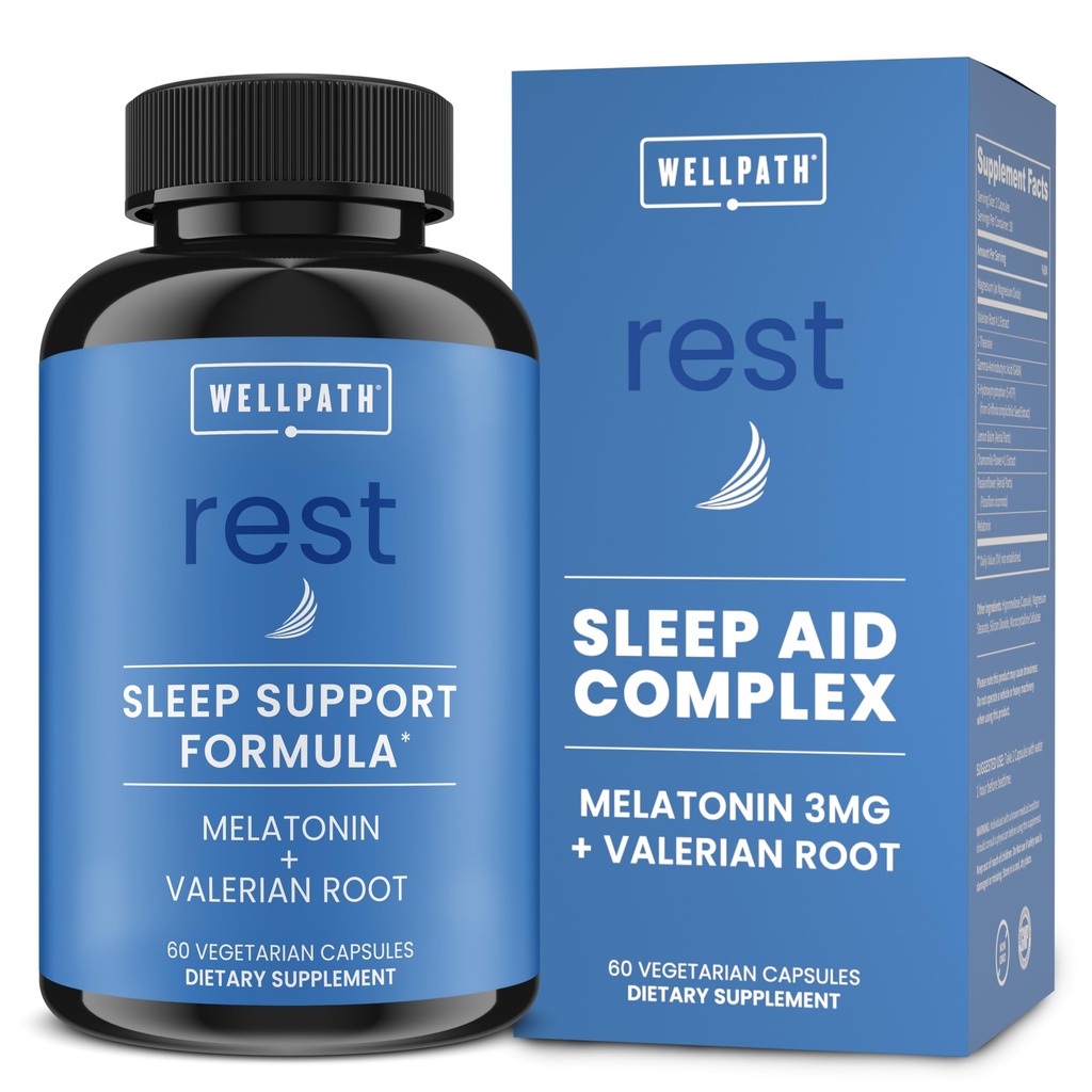 WellPath Rest Valerian Root Sleep Aid for Yetişkinler with Melatonin & L-Theanine | Natural & Herbal Uyku Pills with Extra Strength | 5HTP, Lemon Balm, Chamomile, 60 Ct