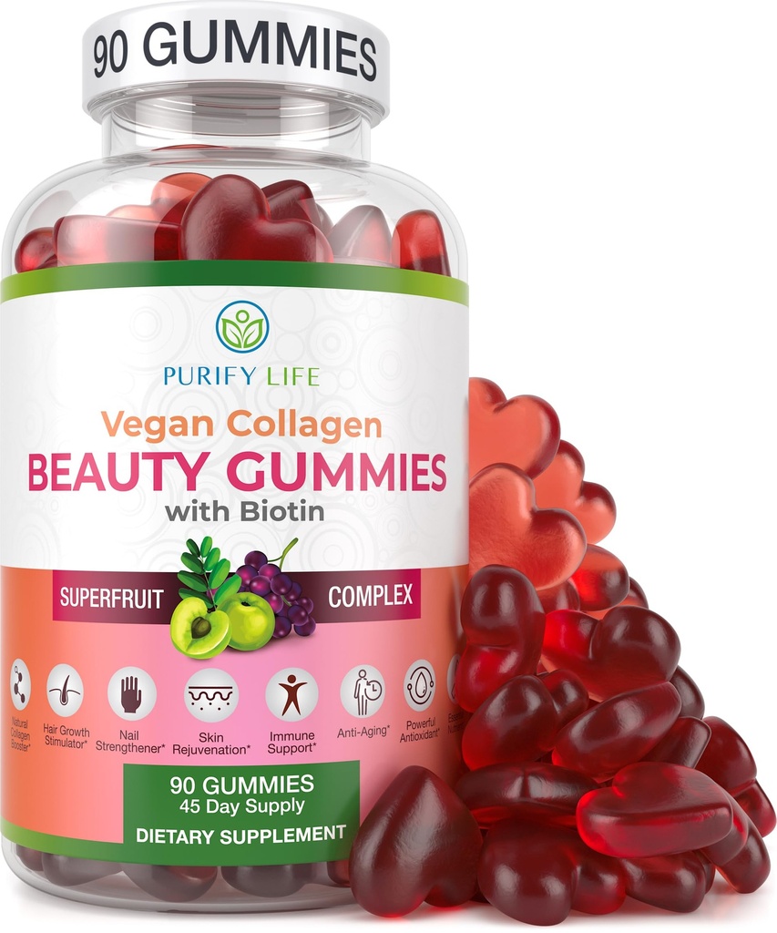 Life Vegan Collagen Gummies with Biotin Vitamins for Hair Skin and Nails Health (90 Chews) Collagen Support Supertre Complex with Resveratrol, A, E, C - Capsules, Pills