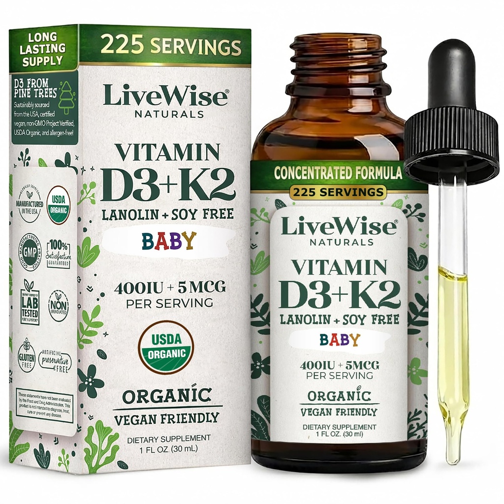 LiveWise Naturals Baby Vitamin D3-K2 Sıvı Supplement, Bebekler ve Toddler için, Sağlıklı Büyüme, Geliştirme ve Günlük Sağlık, Cam Şişede Kolay Kullanımı, 1 Fl Oz