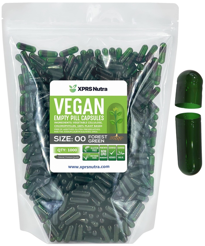 XPRS Nutra Boyutu 00 Boş Kapsüller - 1000 Kont Boş Vegan Capsules - Vejetaryen Boş Pills - DIY Sebze Kapsülü - Veggie Pill Caps (Forest Green)