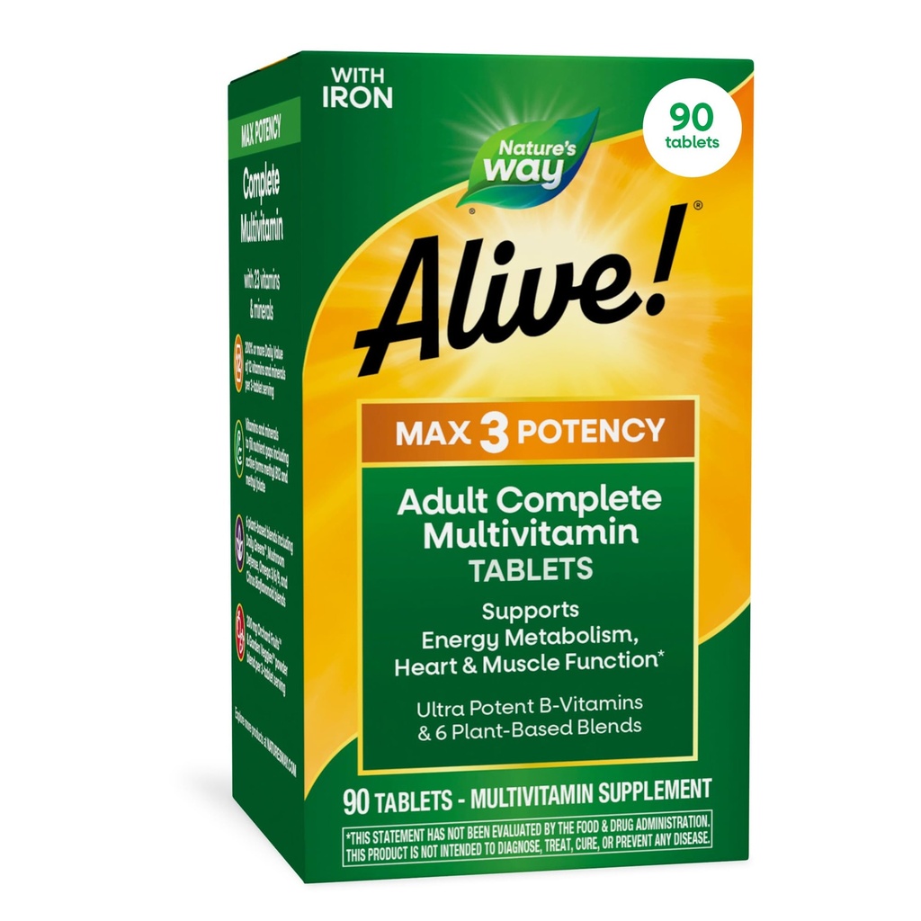 Nature's Way Alive! Max3 Potency Daily Multivitamin with Iron, High Potency Adult Multivitamins to Support Cellular Energy Metabolism, Heart, and Muscle Function* for Women & Men, 90 Tablets