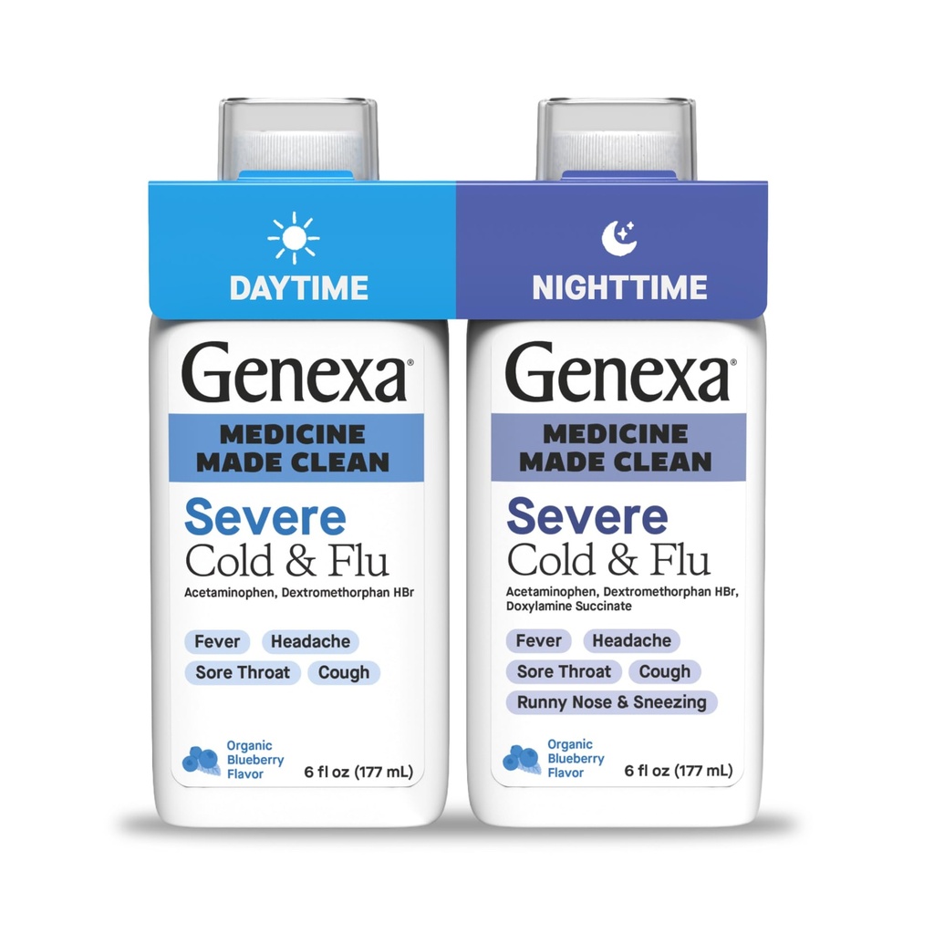 Genxa Clean Cold & Flu Daytime + Nighttime Severe Relief, Dye Free, 0% Yapay Katkılar, Acetaminophen Ateşi, Cough Suppressant, Antihistamine, Organik Blueberry Flavor, 12 fl oz (2 paket)