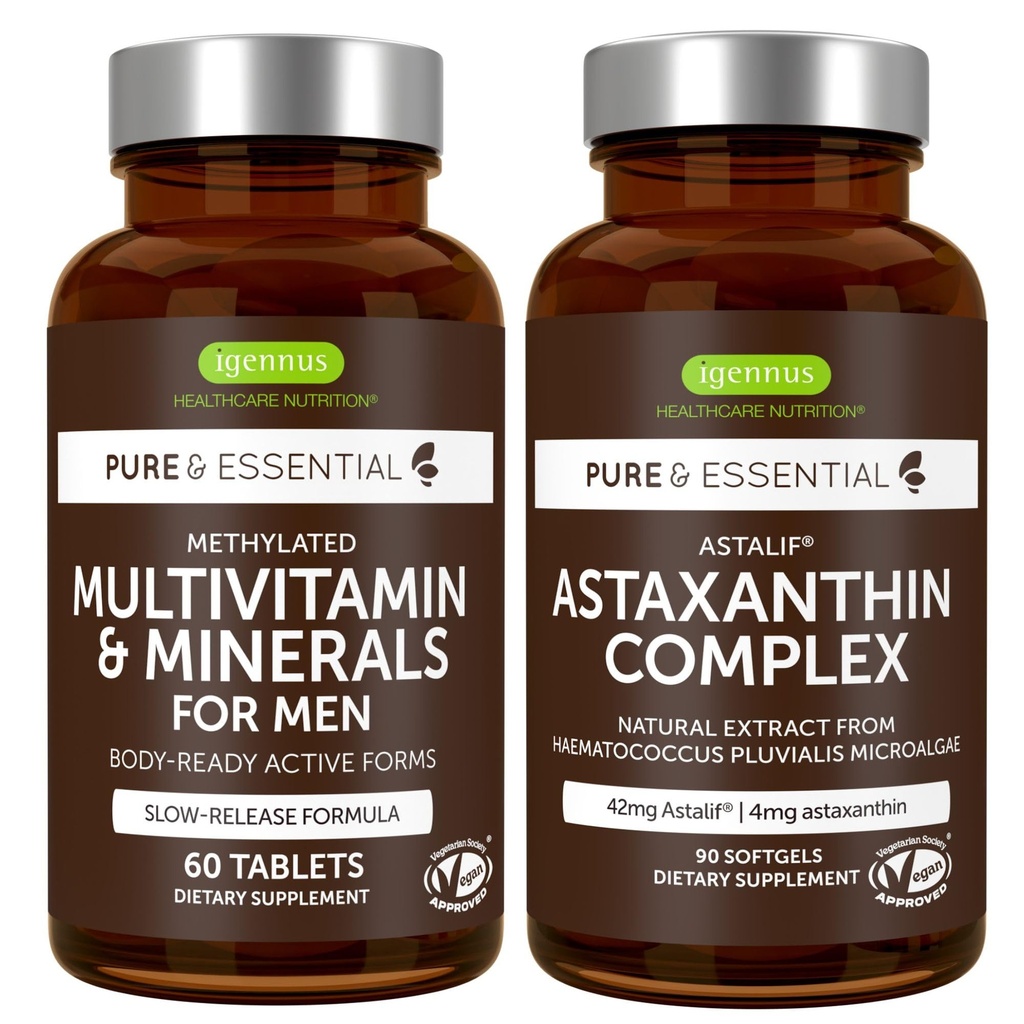 Erkekler için Multivitamin & Mineraller + Astaxanthin Kompleksi Vegan Sche, Sustained Release Advanced Multivitamin + 4 mg H. Pluvialis Natural Astaxanthin, Igennus