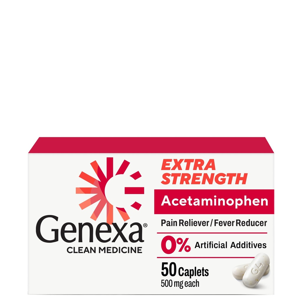Genxa Clean Acetaminophen 500 mg Ekstra Güçlü, Dye Free Pain Reliever Ateşi, 0% Yapay Katkılar, Yetişkinler için Ağrı Tıp, Relieves Headache, Backache, Minor Arthritis Pain, 50 Tabletler