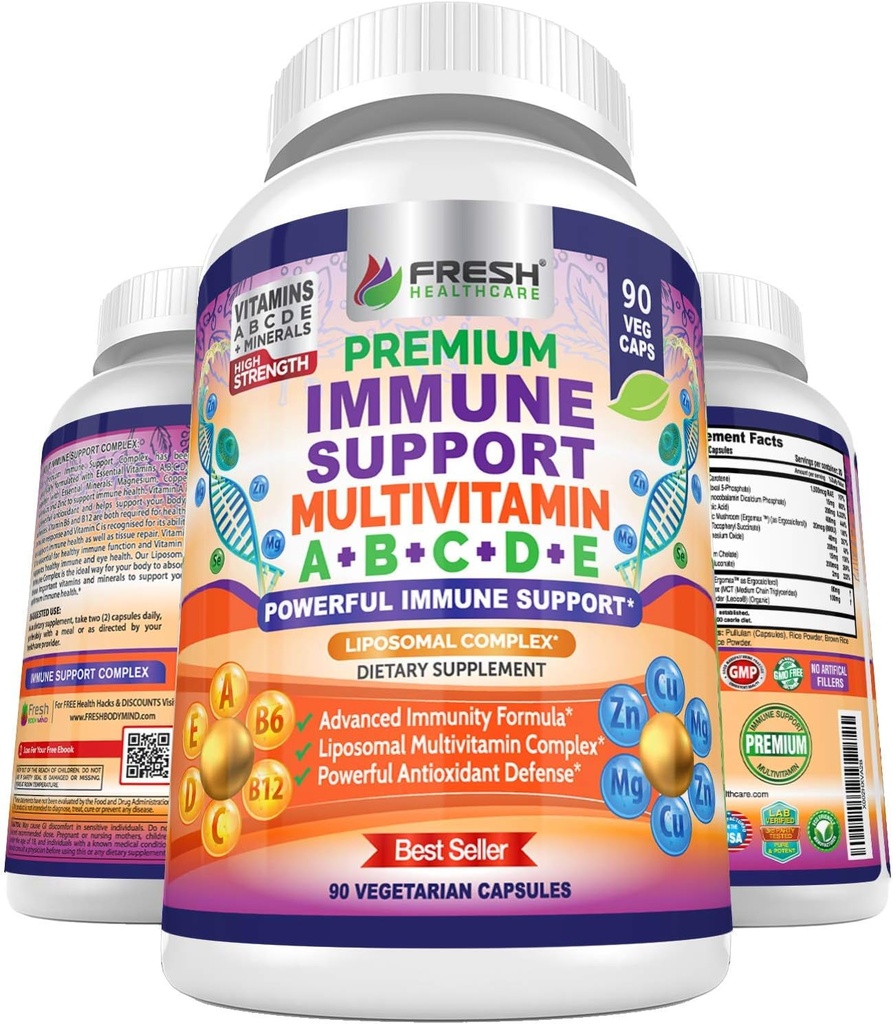 Immune Support Multivitamin for Men and Women with Vitamins A, B, C, D, E, B6, B12 - Çinko, Magnezyum and Copper with Liposomal Kompleksi for improved Abxia - Daily Antioksis