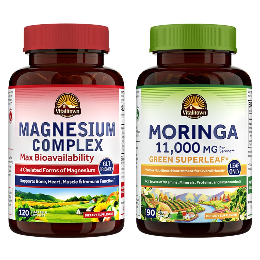 Vitalitown Magnezyum + Moringa Sche (Pack of 2) | Magnezyum Kompleksi (Item 1) & Moringa (Item 2) | 120 Magnezyum Capsules & 90 Moringa Capsules