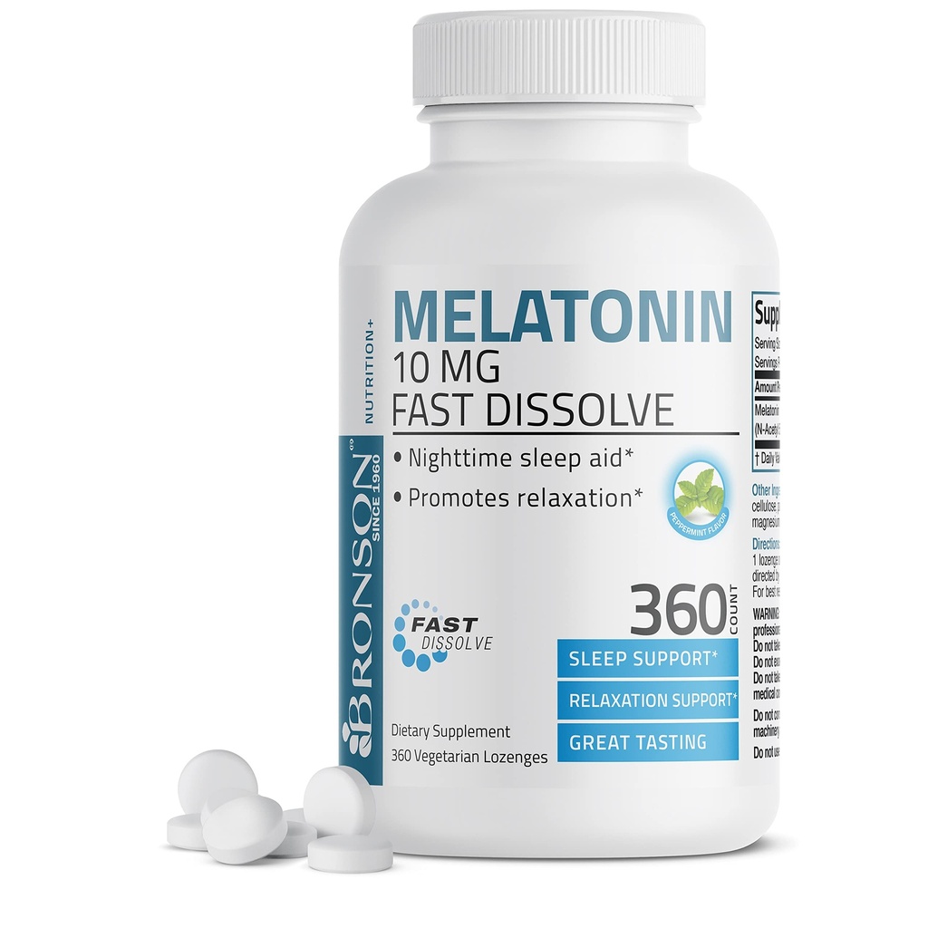 Bronson Melatonin 10 MG Hızlı Dissolve Peppermint Tabletleri, Rahatlama, 360 Chewable Vegetarian Lozenges
