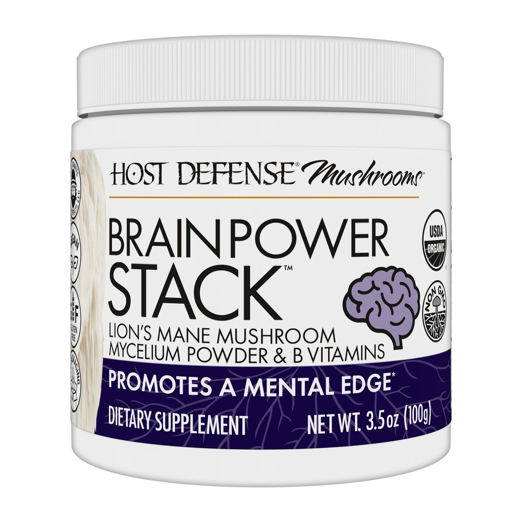 Host Defense BrainPower Stack Toz - Hedeflenen Beyin Destek Tamamı - Toz Mushroom Supplement with Lion's Mane, Niacin (B3) & Vitamin B12 - Herbal Beyin Desteği - 100g (66 Hizmetler)*