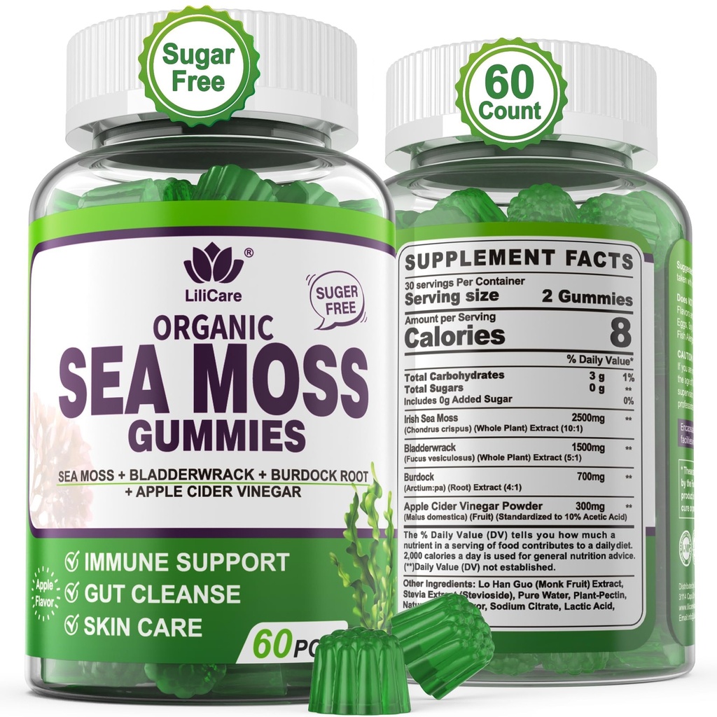 Sea Moss Gummies - İrlandalı Deniz Moss Gummies for Yetişkinler & Çocuklar - Gelişmiş Superfood Seamoss Supplement with Organic Bladderwrack & Burdock Root,ACV for Daily Immune, Gut Cleanse, Vegan, 60 Counts