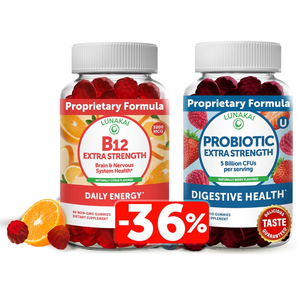 Lunakai Vitamin B12 ve Probiyotik Gummies Sche - 3000 mcg Yetişkinler Enerji Desteği ve Bone Health için Gummy - 5 Milyar CFUs Per Digestive Gut Health için C for Women & Men