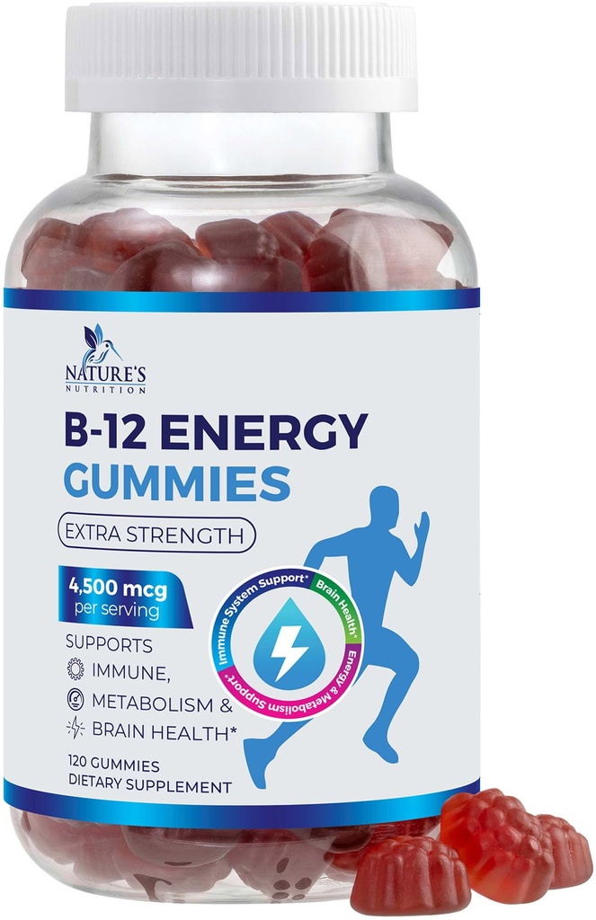 B-12 Vitamin Enerji Gummies 4500mcg - Ekstra Güçlü B12 Enerji Metabolism ve Immune Desteği - Kadınlar için Diyetsel Tamam, Erkekler ve Çocuklar - Non-GMO, Vegan, Berry Flavor - 120 Kont