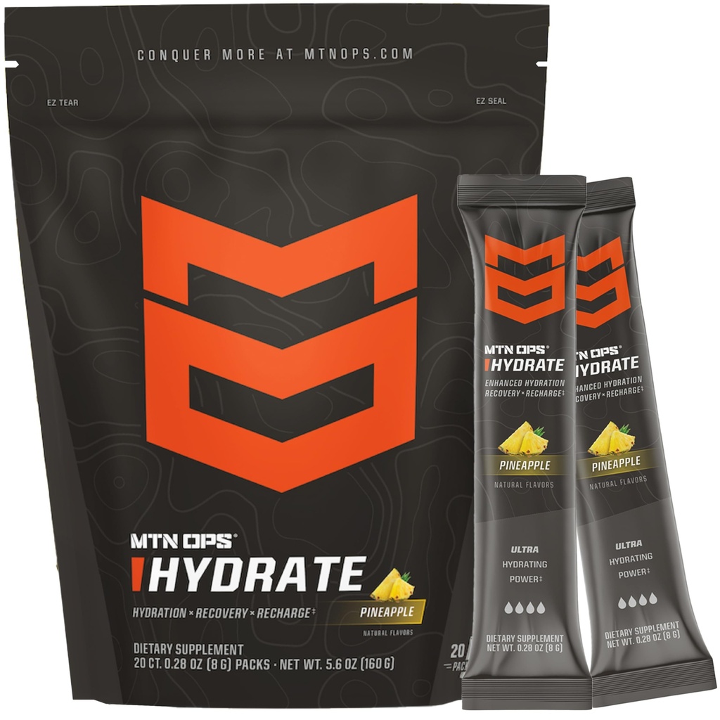 MTN OPS Hydrate Low Sugar Electrolyte Powder Drink Mix with 1g D-Ribose Sugar, 1000mg Electrolytes, On-The-Go Packs, 20 Stick Packs, Pineapple