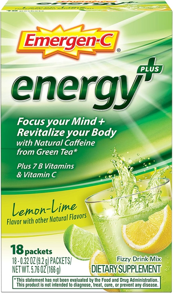 Emergen-C Energy+, B Vitaminleri ile, C ve Natural Caffeine From Green Tea (18 Kont, Blueberry Acai Flavor) Diyet Supplement Drink Mix, 0.33 Ounce Toz Paketleri