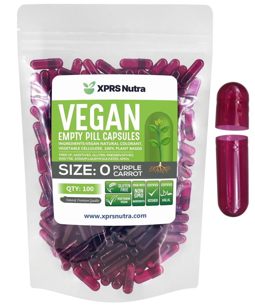 XPRS Nutra Boyutu 0 Boş Kapsüller - 100 Kont Boş Vegan Capsules - Vejetaryen Pills - DIY Sebze Kapsülü - Veggie Pill Caps for Do-It- Yourself Supplements (Purple Carrot)