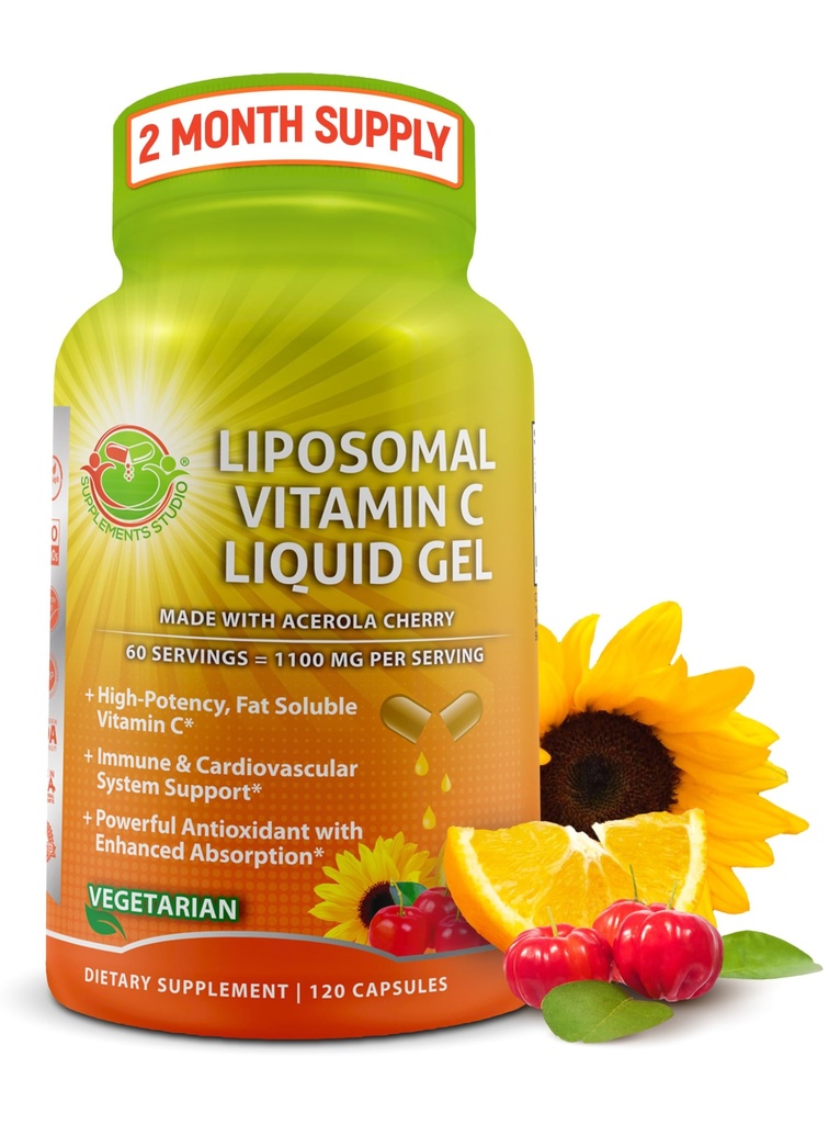 Liposomal Vitamin C Sıvı Gel Capsules - 1100 mg - Organik Acerola Cherries, High Potency C Liposomal Immune Support Supplement with Advancedd Abpole & Bioavailability - 120 count