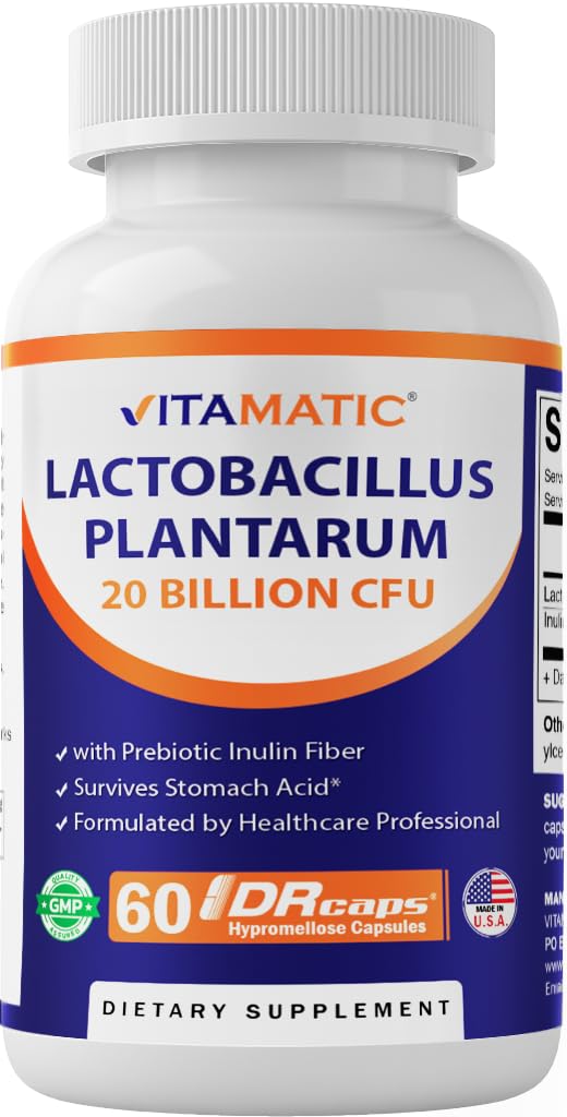 Vitamatic Lactobacillus Plantarum - DR Capsule başına 20 Milyar - 60 Kont - Digestive Support - Prebiyotik Inulin Fiber