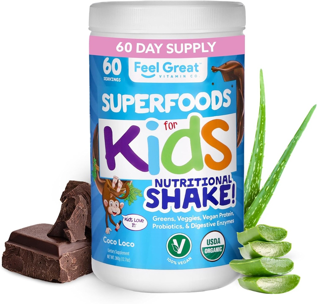Kids Organic Super Greens Powder with Fruits & Veggies - All-In-One Kids Multivitamin made from Real Plants - No Synthetic Vitamins, No Fillers or Binders, No Sugar Added.
