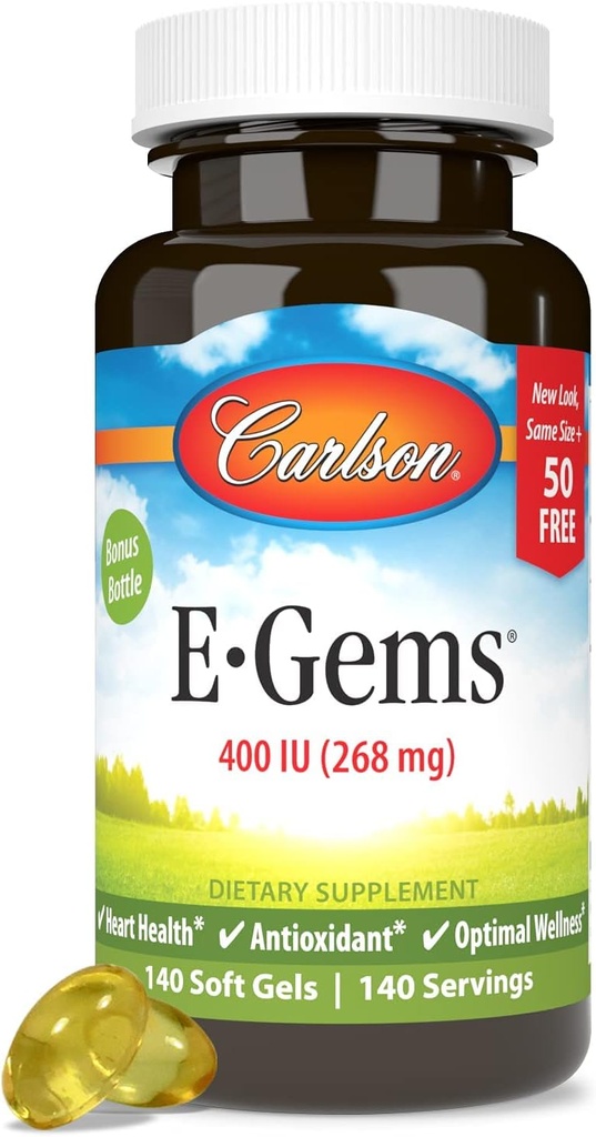 Carlson - E-Gems 400 IU (268 mg), Doğal Kaynak Vitamini E, Optimal Wellness, 140 Soft Gels