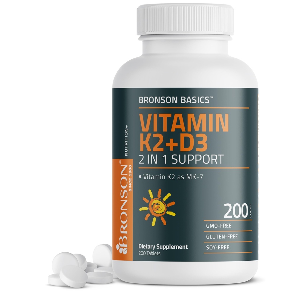 Bronson Vitamin K2 D3 (MK7) Tamam Non-GMO Formula D3 5000IU (125 mcg) & 90 mcg K2 MK-7, Sw D & K Kompleksi, 200 Tabletler