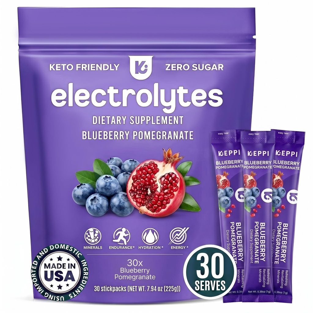 Keppi Electrolytes Toz Paketleri - Blueberry Pomegranate 30 Hizmet - Potasyum, Magnezyum, sodyum - Keto, Vegan, Fasting-Friendly, Zero Calorie Hydration Packets