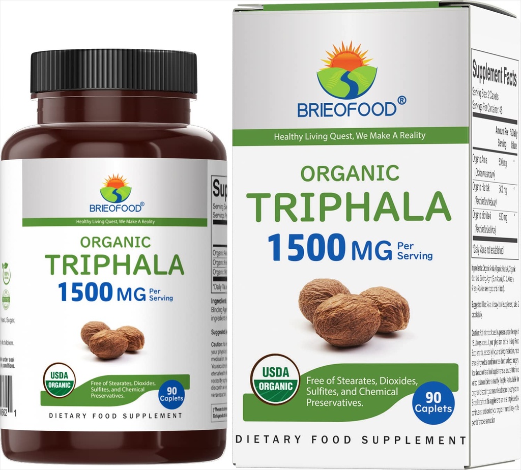 Brieofood Organik Triphala 1500 mg, 45 Hizmet, Vejetaryen, Gluten Free, 90 Vegetarian Tablets
