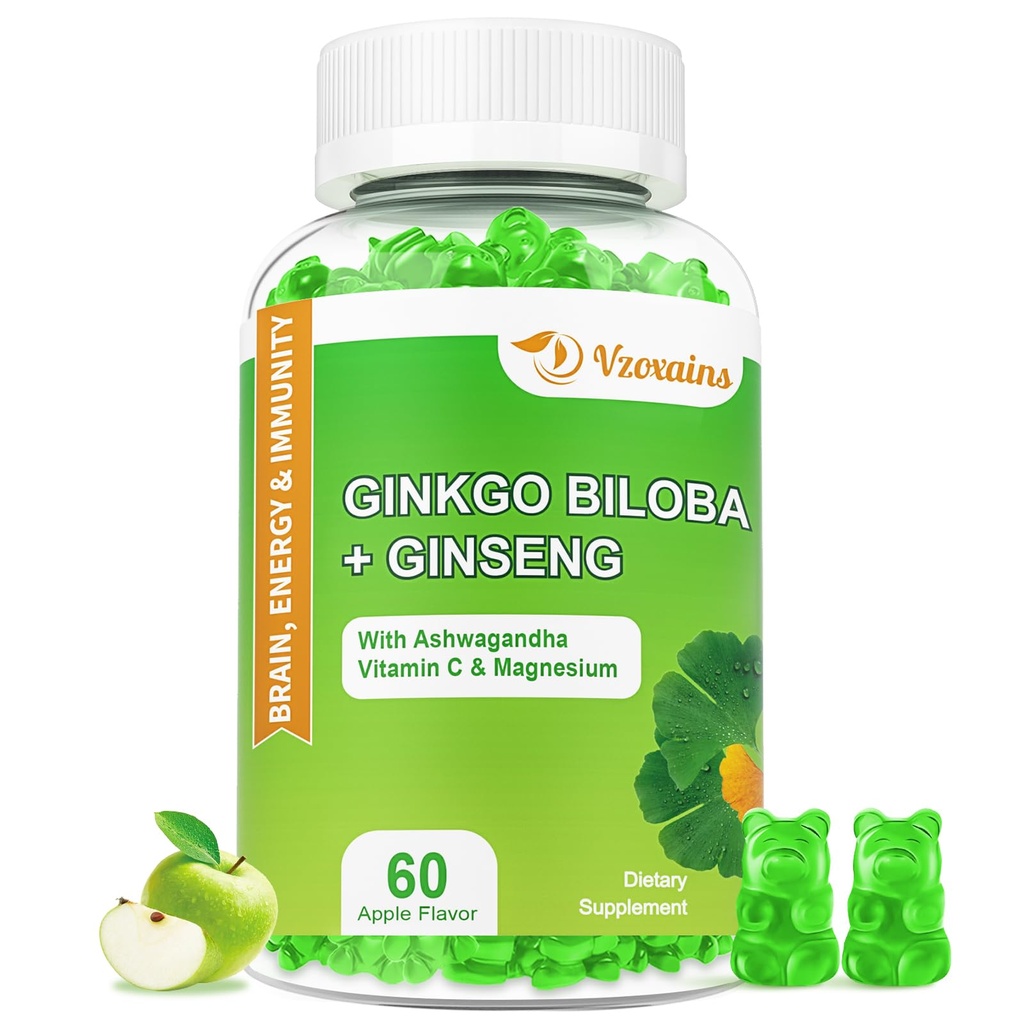 240MG Ginkgo Biloba Gummies with Ginseng and Magnezyum, Ginko Biloba Supplements Beyin Focus, Mood and Memory for Yetişkinler, 60 Cts