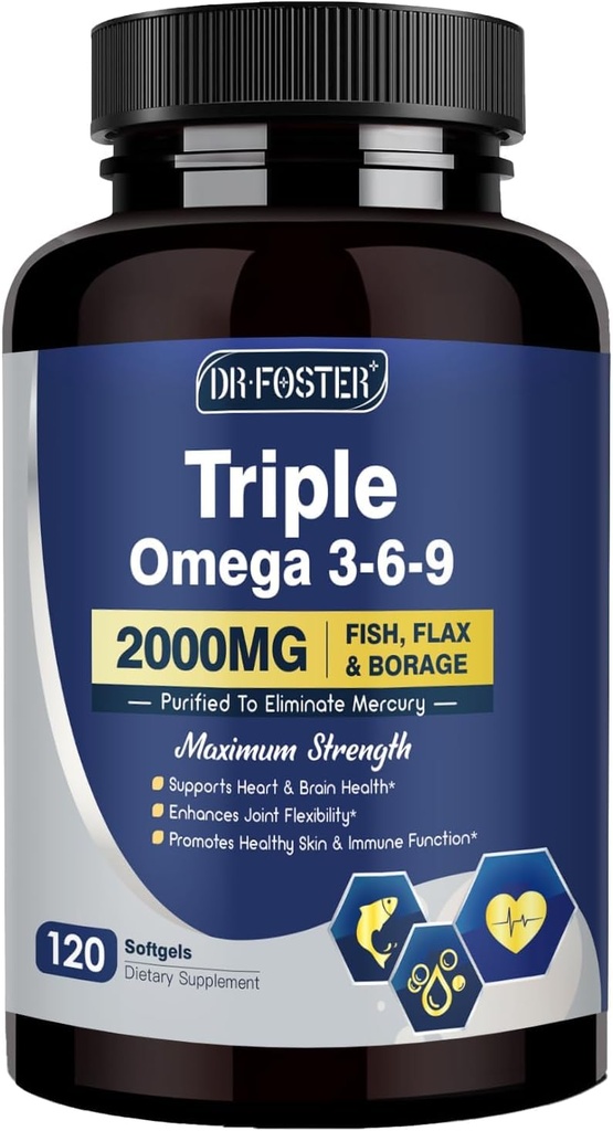 Triple Omega 3-6-9 Fish Oil 2000mg with Vitamin E - EPA & DHA Fatty Acids Supplement - Supports Heart, Brain, Eye, Skin & Immune Health - Flaxseed & Borage, Non-GMO, 120 Softgels