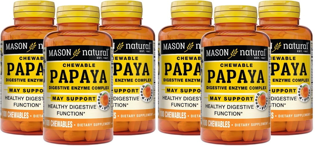 MASON NATURAL Papaya Digestive Enzyme Kompleksi - Sağlıklı Digestive Fonksiyonl, Nutrient Abxia, Peach Flavor, 100 Chewables ( Borges 6)
