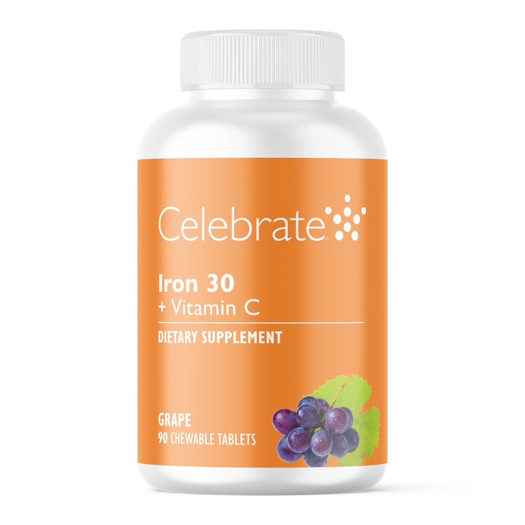 C ile Vitamin Demir Supplement - 30 mg Iron, 60 mg Vitamin C, Bariatrik Vitaminleri WLS Hastaları, Dikey Kol ve Gastrik Bypass Cerrahisi - Grape, 90 Chewable Tabletler