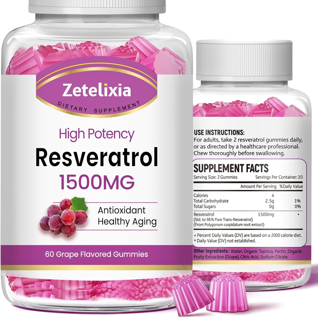 Sugar Free Resveratrol Gummies - High Purity Resveratrol Supplement for Antioxidant, Healthy Aging, Skin, Brain, Organic - 120 Gummies