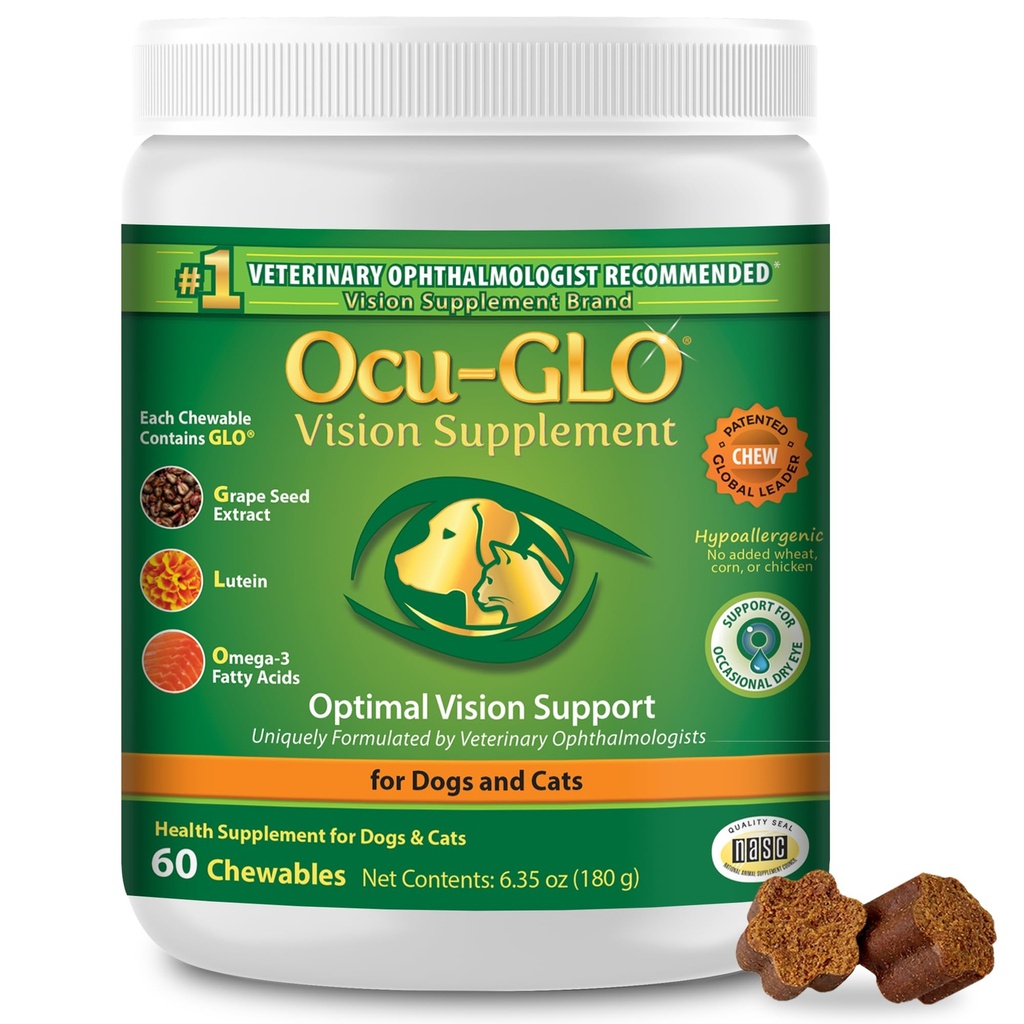Ocu-GLO Cat & Dog Senior Supplement for Eye Support - Büyük ve Küçük Evcil Hayvan Bakımı Lutein, Omega-3 Fatty Acids, Grape Seed & Antioksisss
