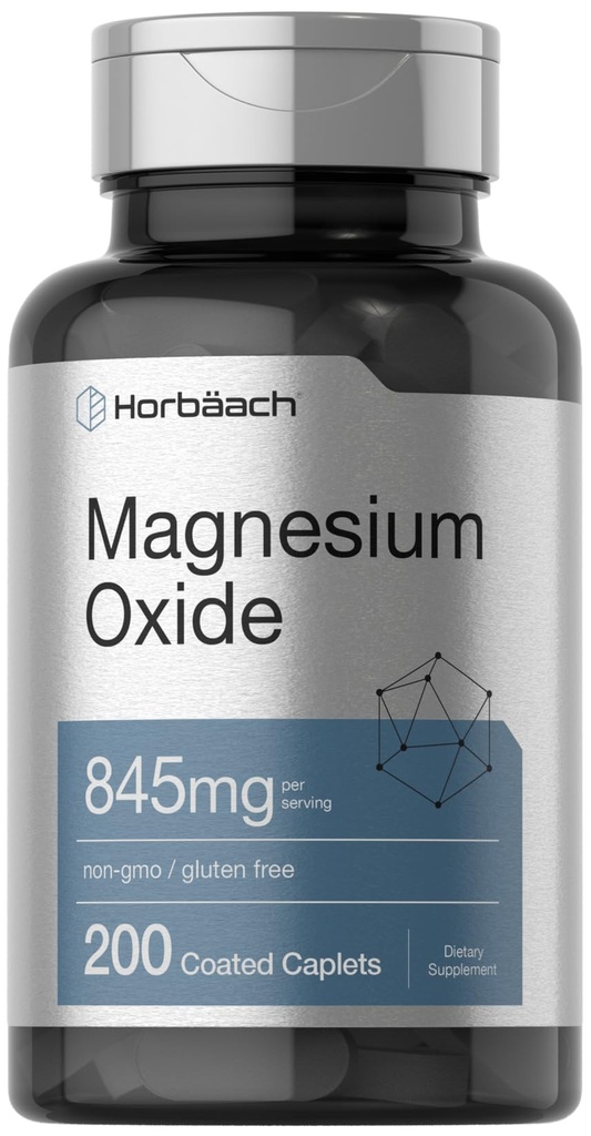 Horbäach Magnezyum Oksit | 845 mg | 200 kapaklı Caplets | Vegetarian, Non-GMO ve Gluten Free Supplement Supplement Supplement