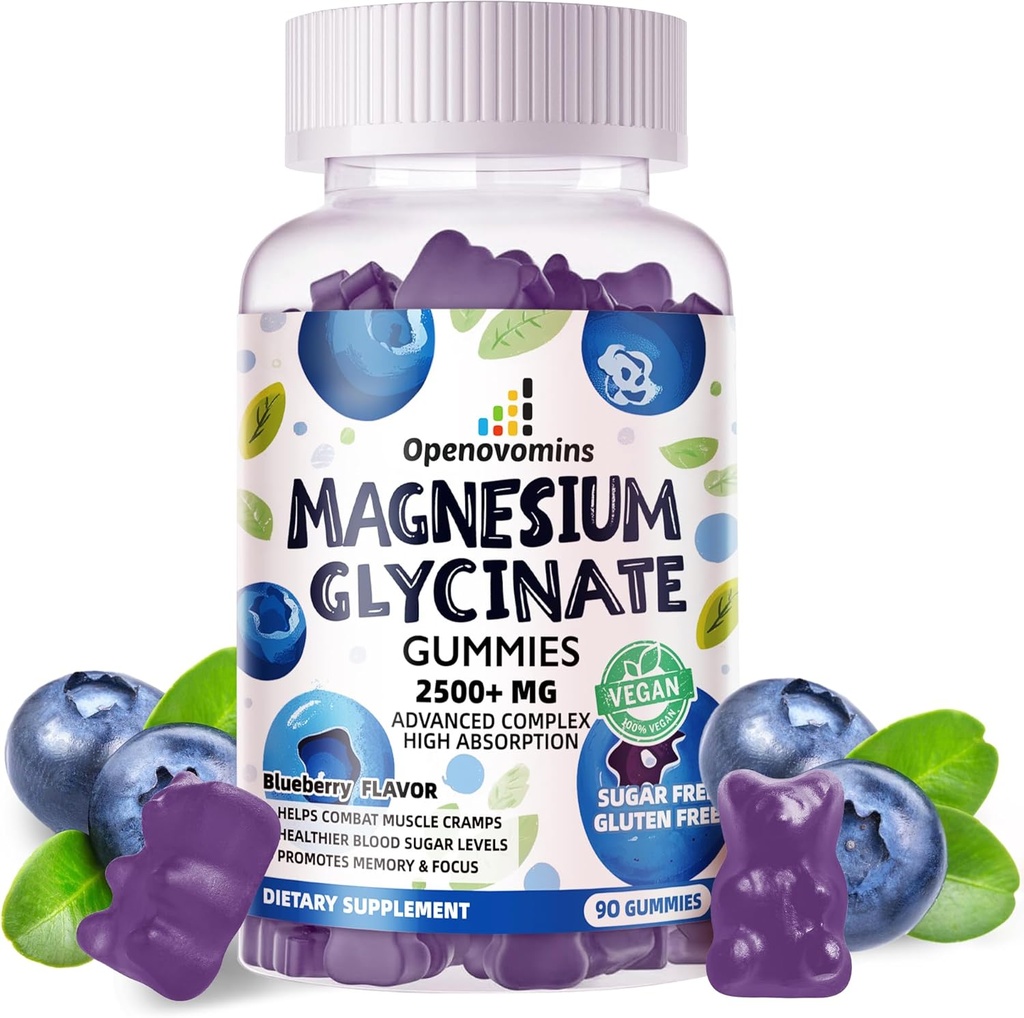 Magnezyum Glycinate Gummies 2500 mg - Sugar Free Magnezyum Pids Supplement with Vitamin D, B6, CoQ10 for Calm Mood & Sleep Support - 90 Blueberry Gummies