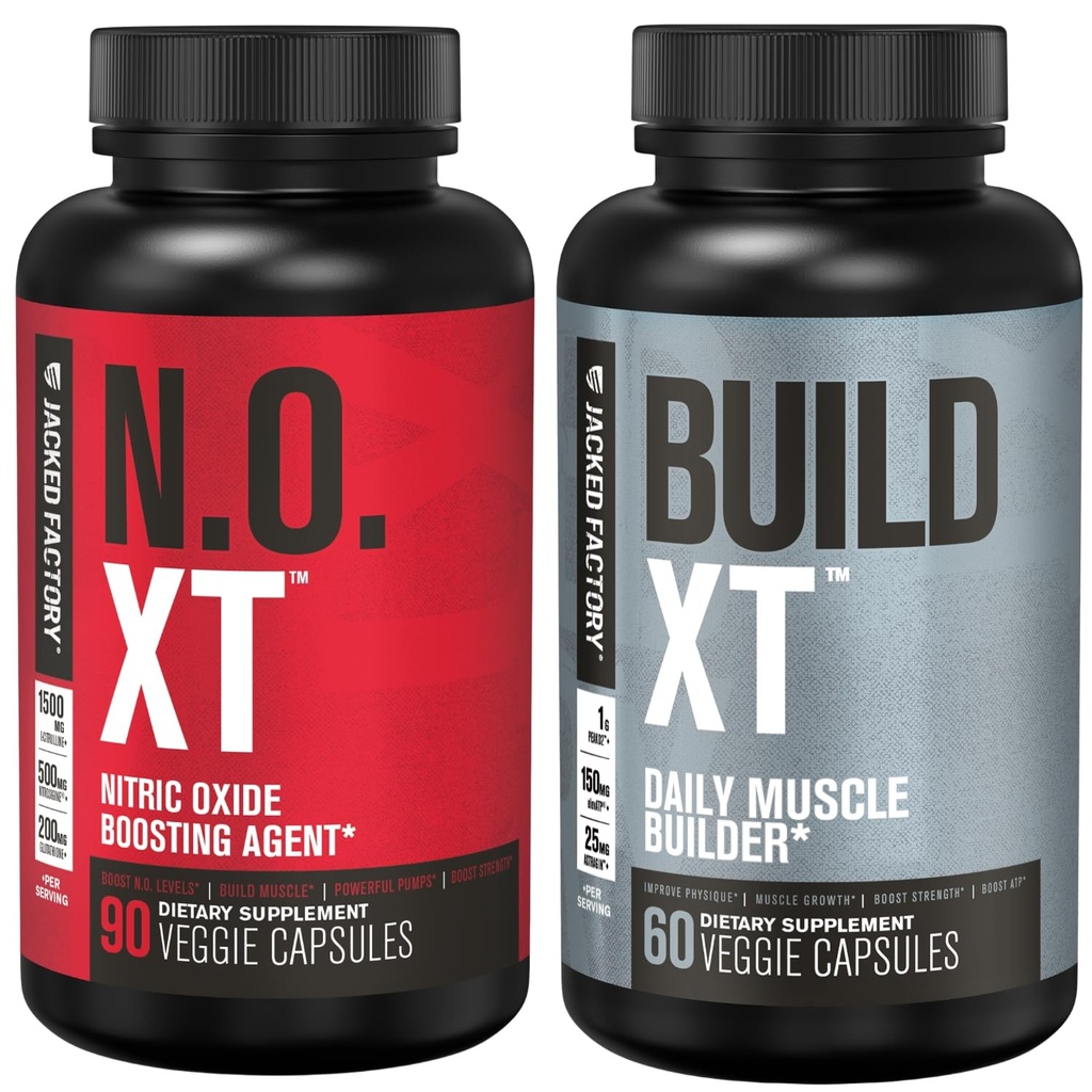Jacked Factory Muscle Builder Supplement Stack - Build-XT Muscle Builder & N.O. XT Nitrik Oksit Çift Destek için Ajanı Güçlendirme (30 Gün Supply)
