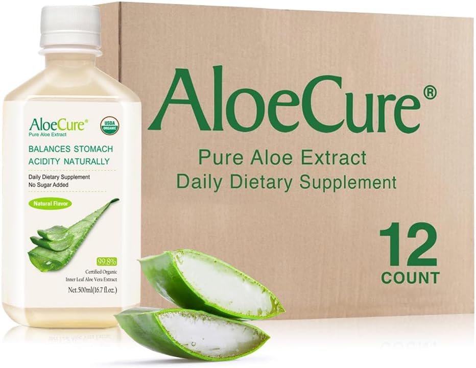 AloeCure USDA Organik Aloe Vera Juice 12 Hrs of Harvest - Pure Aloe Juice Natural Digestive Supplement to Support Digestion, Immune System and Balanced Stomach Acidity, 12 x 500 ml Şişes