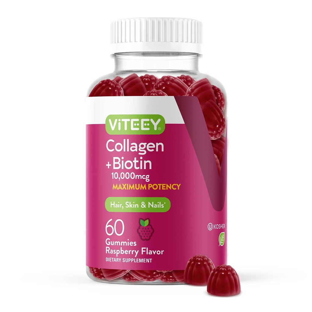 Saç Skin ve Çiçeği Vitaminleri için Biyotin Gummies ile Viteey Collagen Gummiess - Kadınlar ve Erkekler için Biyotin Gummies – Vegan, Gluten-Free – 60 Count