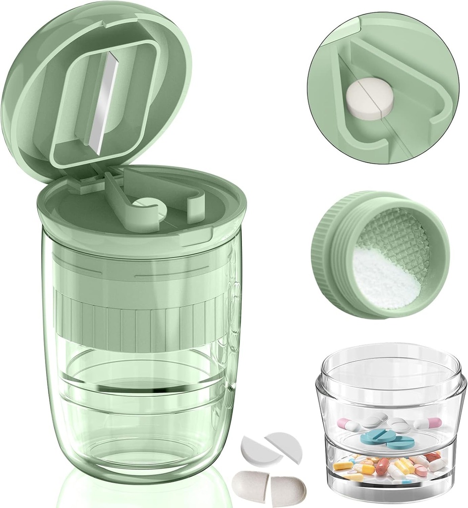 Pill XS, Küçük veya Büyük Pills için, Crushes Pills, Vitaminler, Tabletler, paslanmaz Çelik Bıçak, Yeniden taşınma Kupası (Green-1)