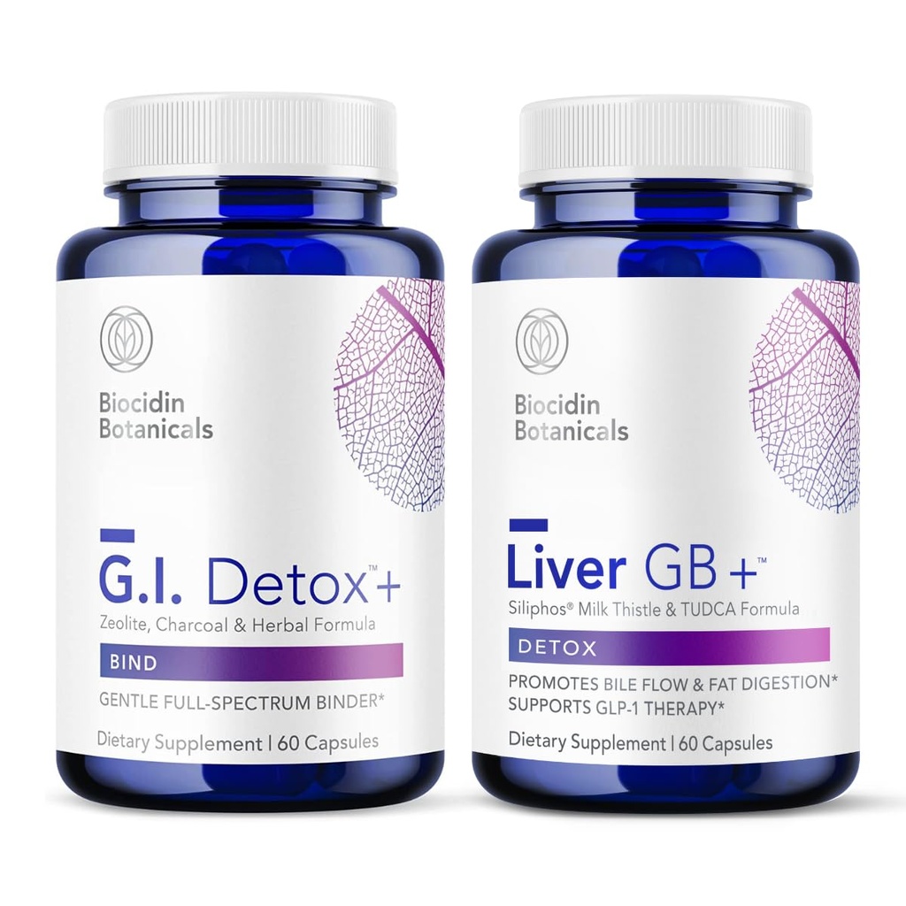 Biocidin G.I. Detox+ Gentle Binder & Liver GB+ Gallbladder Liver Support - Toxin Removal & Fat Digestion - Aktif Charcoal, Zeolit, TUDCA & Bitter Herbs (2 Ürünler)