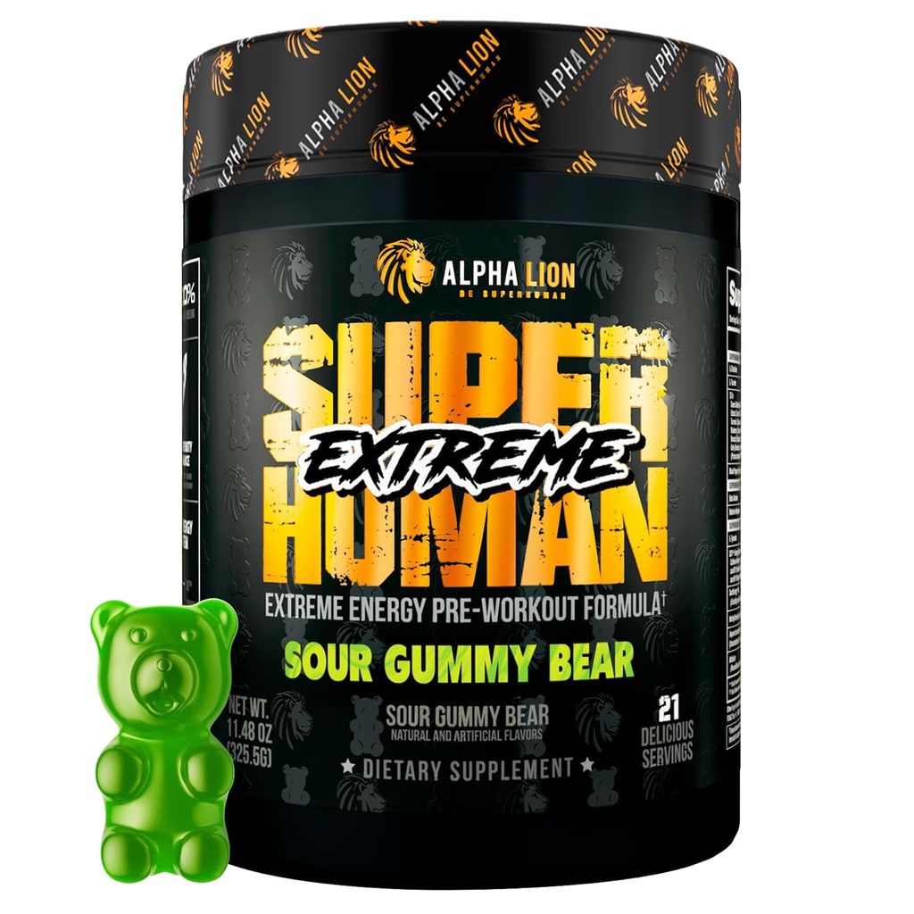 ALPHA LION Superhuman Extreme High Stim Pre Workout Toz, Beta Alanine, L-Taurine & 356mg Tri-Kaynak Caffeine for Sustained Energy, Nitric Physics & Citrulline for Pump (21 Servisler, Sour Gummy Bear)