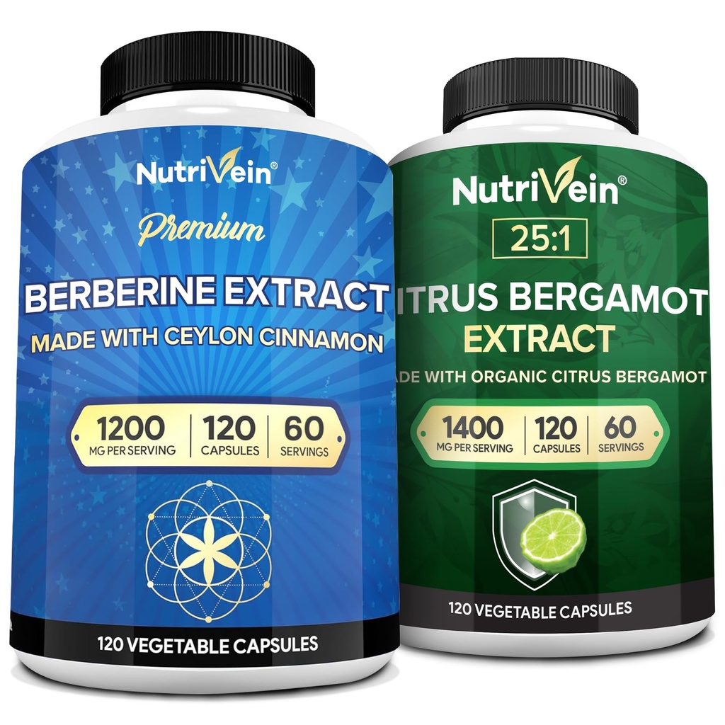 Nutrivein Premium Berberine 1200 mg & Citrus Bergamot Extract 1400 mg Sche - Ceylon Cinnamon & 25:1 Bergamia Ekstraksiyon - Kilo Yönetimi ve Immune Support Plus Heart Health - 120 Capsules Every