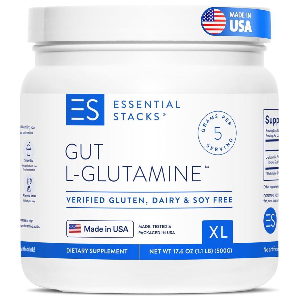 Essential Stacks Gut L-Glutamine Powder - Exclusively Made in USA - Pure L Glutamine Powder for Gut Health (100 Servings, Unflavored)