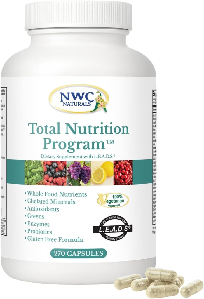NWC Naturals Total-Nutrition Program Multivitamin with Enzymes Plus Prebiyotiks and Probiyotiks Supplement, Full Care for Men and Women, Vegetarian Natural Whole Food Vitamins, 270 Capsules