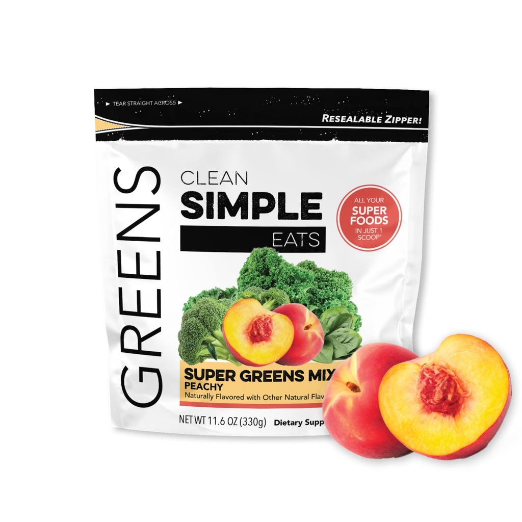 Clean Simple Eats Super Greens Powder, Naturally Flavored Greens Powder with Chlorella, Spirulina, Superfoods & Prebiotic Fiber, No Artificial Ingredients, Gluten Free, Peachy Greens Flavor, 30 Srvgs