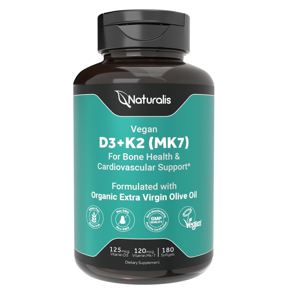 Naturalis Vegan D3 + K2 Ekstra Virgin Zeytinyağı ile | 5000iu Vitamin D ile 120 • MK7 K | Bone & Immune Health | Vegan Society Onaylandı 180 Softgels