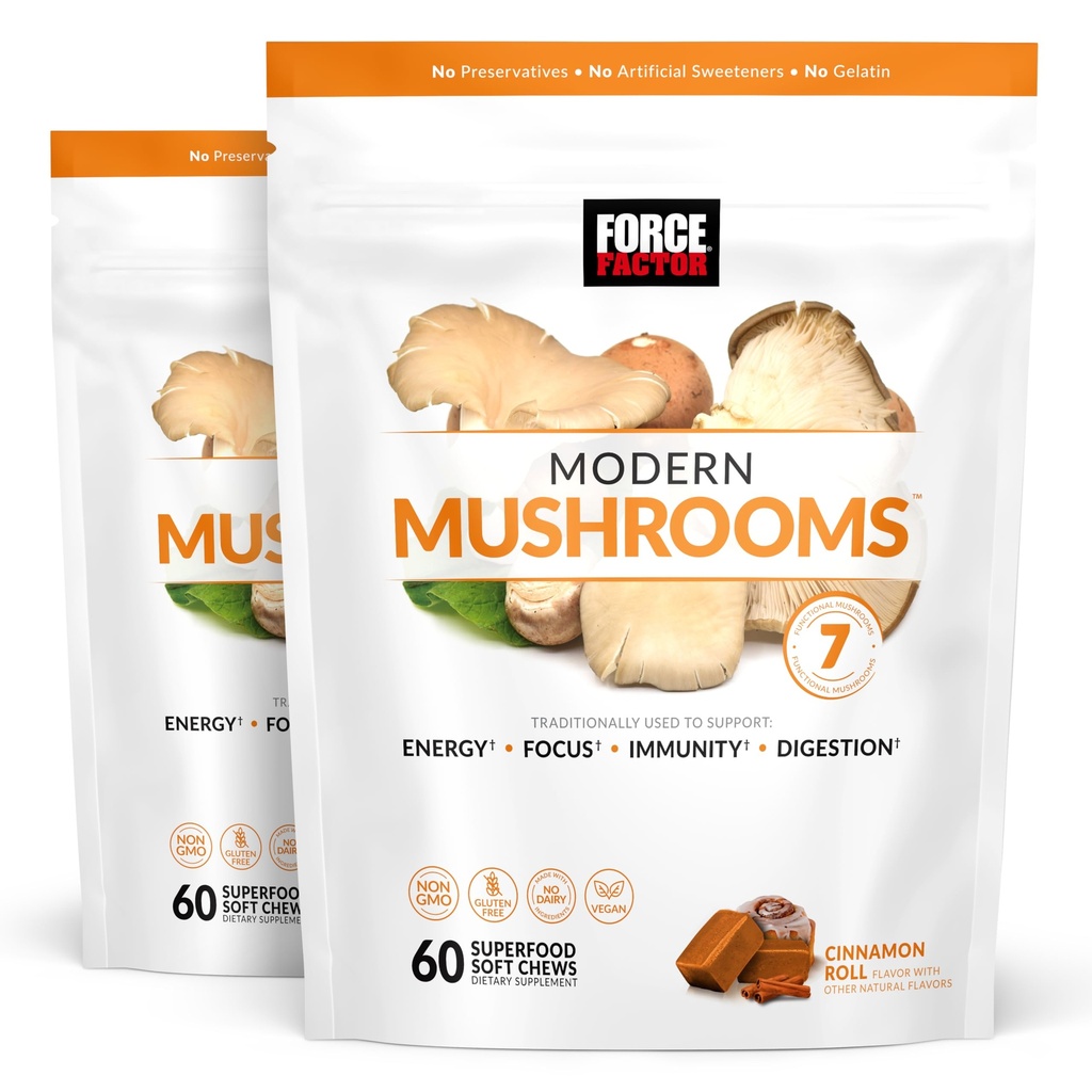 Force Factor Modern Mushrooms Soft Chews, Mushroom Supplement | with Lions Mane, Turkey Tail & Cordyceps to Support Energy, Focus & Digestion, Cinnamon Roll, 120 Soft Chews, 2-Pack