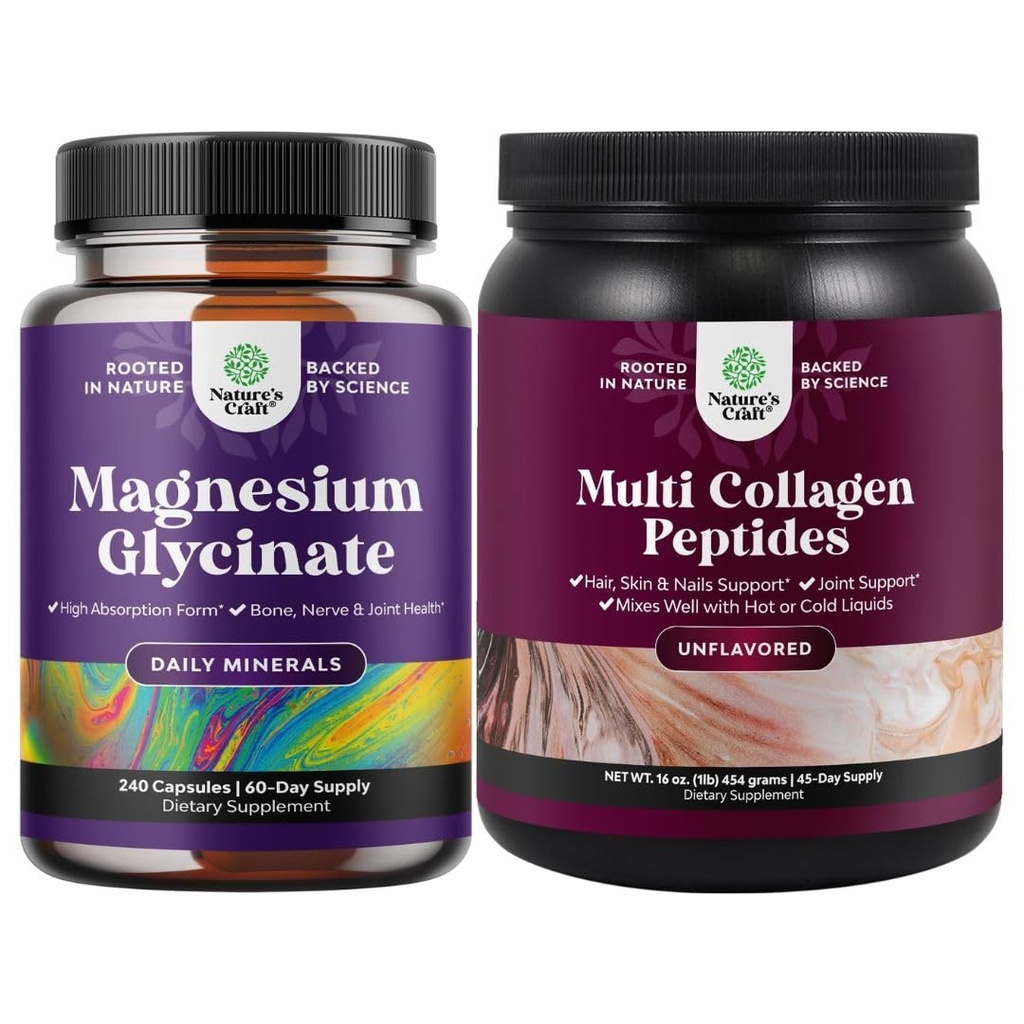 Yüksek Abhidrasyon Magnezyum Glycinate Capsules for Calming Sleep Plus Kas Bone & Nerve Support and Multi Collagen Protein Toz for Women and Men - Hair Skin and Nails Vitamins