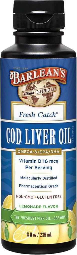 Barlean's Cod Liver Oil Liquid Supplement, Omega 3 Fish Oil with 900mg EPA and DHA Plus Vitamin D, Supplements for Joint, Brain, and Heart Health Support, Lemonade Flavor, 8 oz