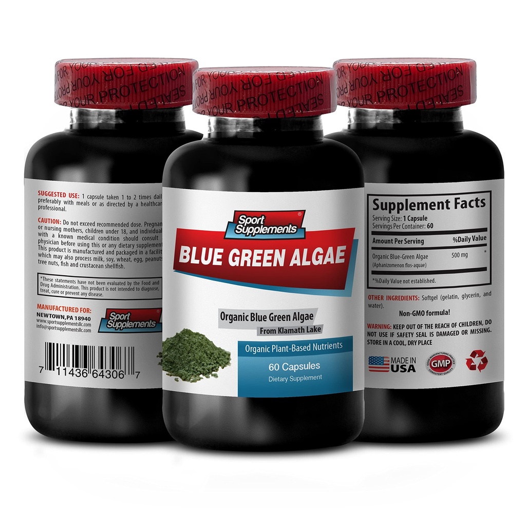 Pure Herbal Supplement - Klamath Blue Green Algae 500 mg - Enerji Seviyelerini artırmak, Digestion ve Geliştirilmiş Immune System, spirulina, klorella, Klamath Blue Green Algae Toz - 1B 60 Capsules