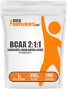 BulkSupplements.com BCAA 2:1 Toz - Branşlı Zincir Amino Asits, BCAAs Amino Asits Toz - Unflavored & Gluten Free, 1g per Service, 250g (8.8 oz) (Paket)