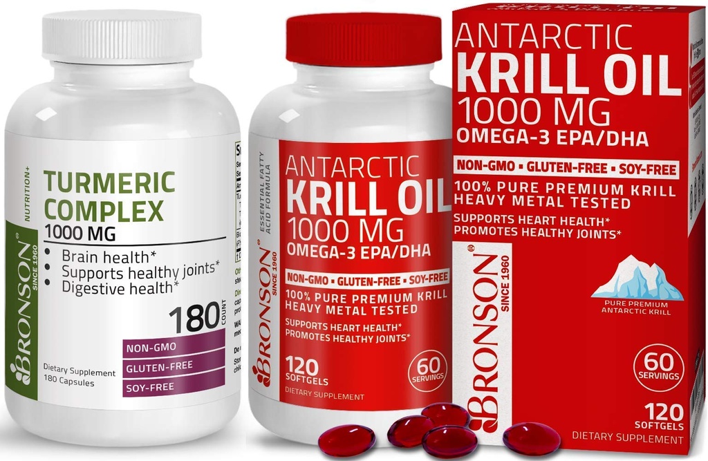 Bronson Turmeric Curcumin with BioPerine High Potency Premium Ortak Destek + Bronson Antarktika Krill Oil 1000 mg with Omega-3s EPA, DHA